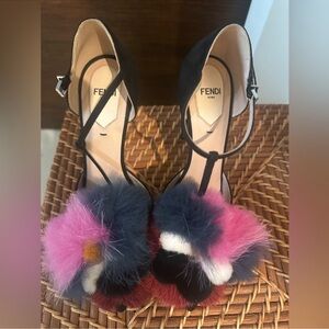 Fendi Black Heels with Multicolor Fur Pom Poms